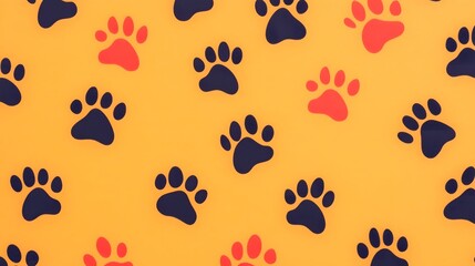 Obraz premium Colorful paw print pattern on orange background