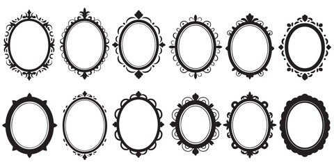 Collection of Vintage Hand Mirrors Silhouettes,  Ornate Frames Silhouettes, Ornate Oval Frames Vintage Style mirrors