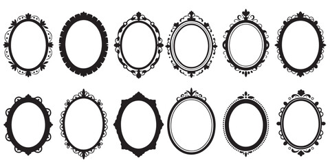 Collection of Vintage Hand Mirrors Silhouettes,  Ornate Frames Silhouettes, Ornate Oval Frames Vintage Style mirrors