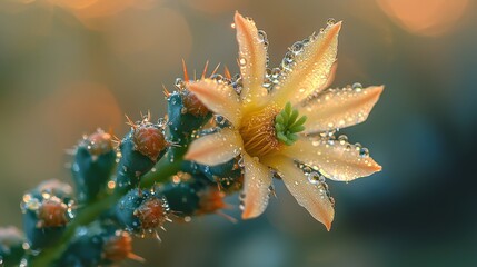 Macro shot of dew on a delicate cactus flower emerald green stem surreal desert elegance