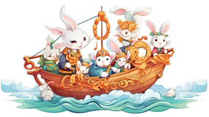 Obraz premium Japanese Seven Lucky Gods Illustration with Treasures and Deities for Cultural Designs