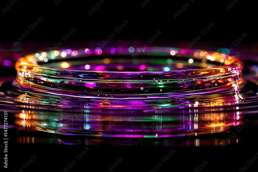 Poster Colorful water droplets create mesmerizing patterns against a dark background during a nighttime display