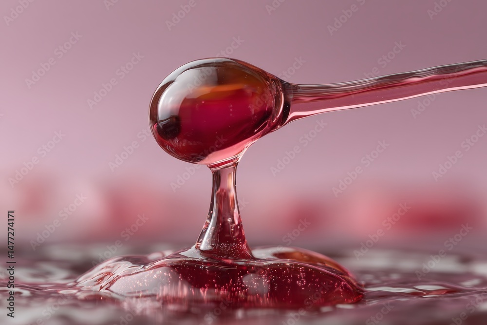 Aufkleber Visual exploration of vibrant red syrup pooling and dripping elegantly on a soft pink background during a close-up session