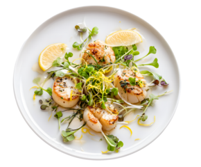 Gourmet Scallops on a White Plate