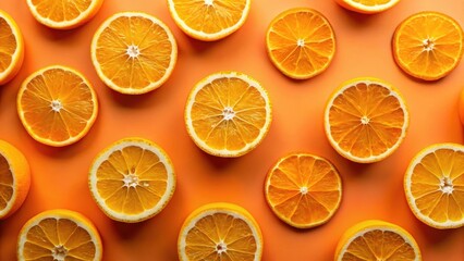 Obraz premium Fresh orange slices arranged artfully on a vibrant orange background with subtle texture and natural lighting effects, background, still life