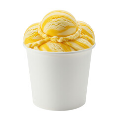 A vibrant cup of creamy vanilla ice cream with a rich mango swirl, set against a plain backdrop