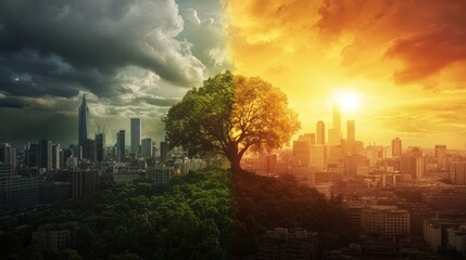 Obraz premium Divided cityscape, contrasting climates, powerful tree.