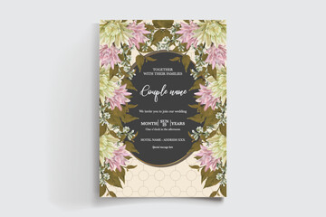WEDDING INVITATION FRAME WITH FLOWER DECORATIONS AND FRESH LEAVES