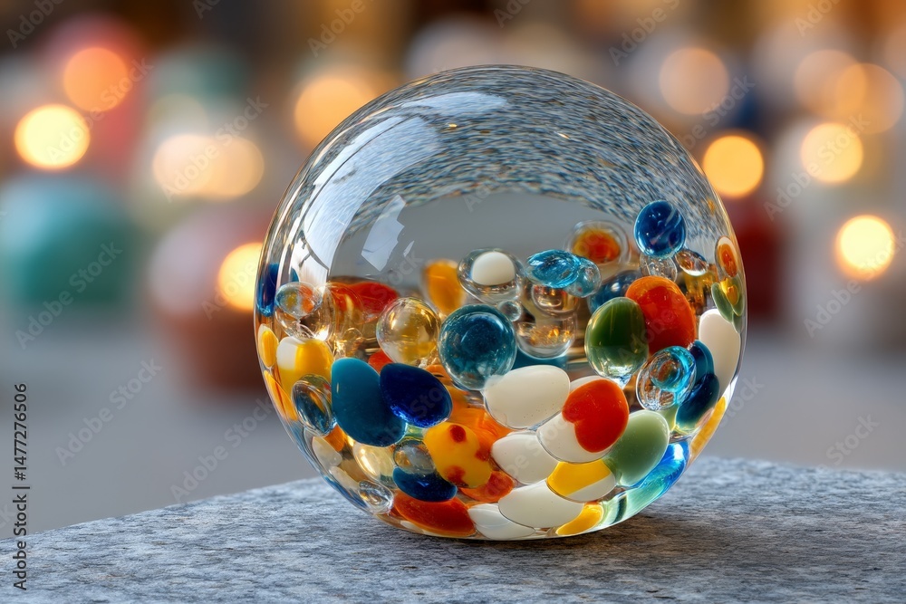 Poster colorful glass orb filled with marbles sits on a counter with blurred lights in the background
