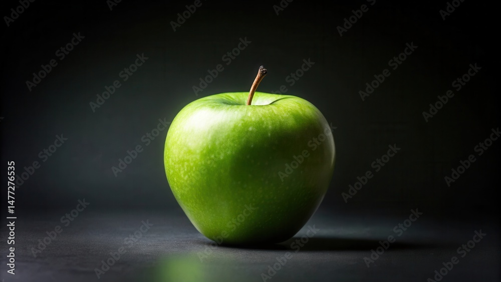 Poster A Single Green Apple Rests on a Dark Surface, Illuminated by Subtle Lighting, Creating a Striking Visual Contrast