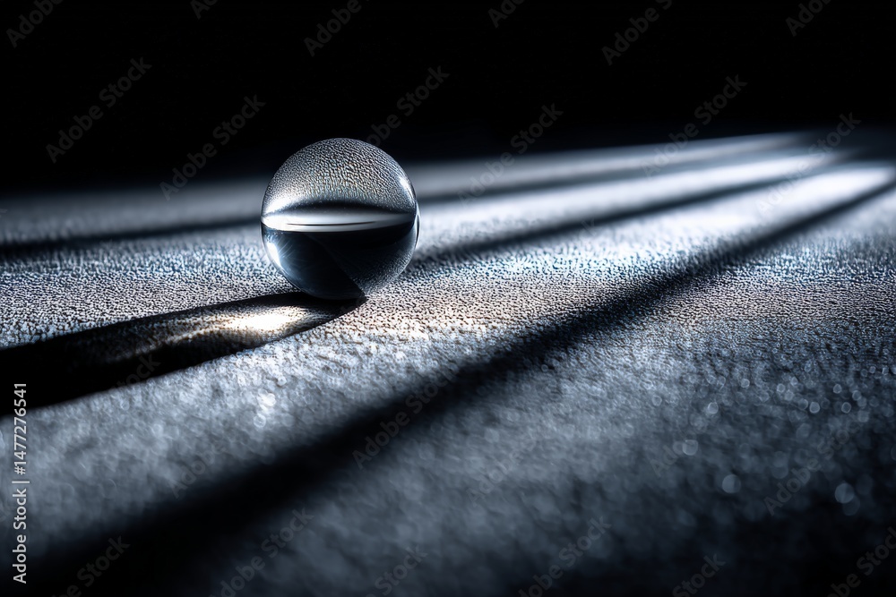 Poster Crystal orb resting on a textured surface illuminated by shadows and light patterns in a dark environment during evening hours