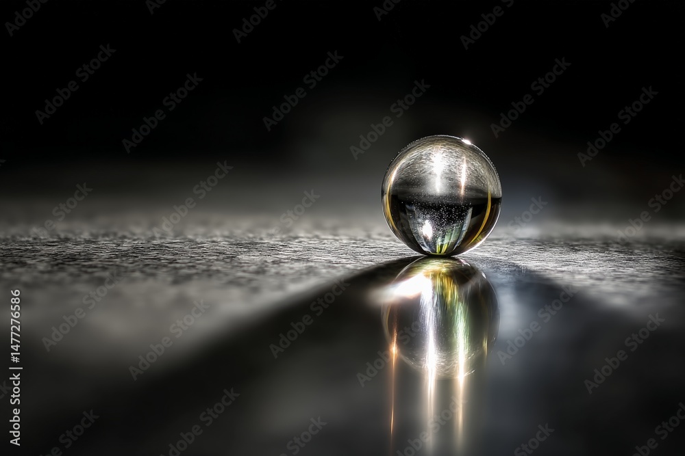 Aufkleber clear glass marble rolling on a textured surface illuminated by soft light