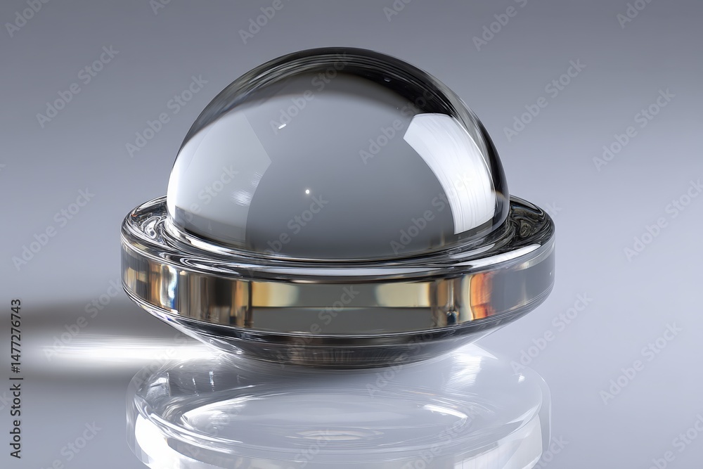 Aufkleber transparent glass sphere resting on a circular base with a smooth surface reflecting light