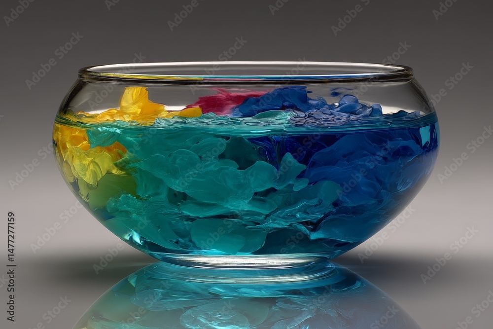 Poster Colorful decorative bowl filled with water and floating petals creating a serene atmosphere in a modern setting