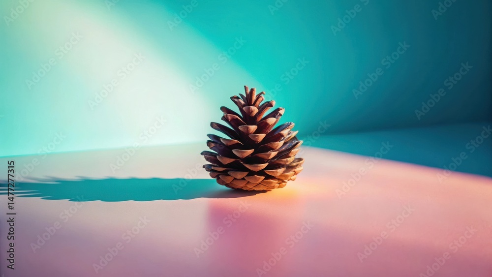 Poster a single pine cone illuminated by soft, pastel light on a smooth surface