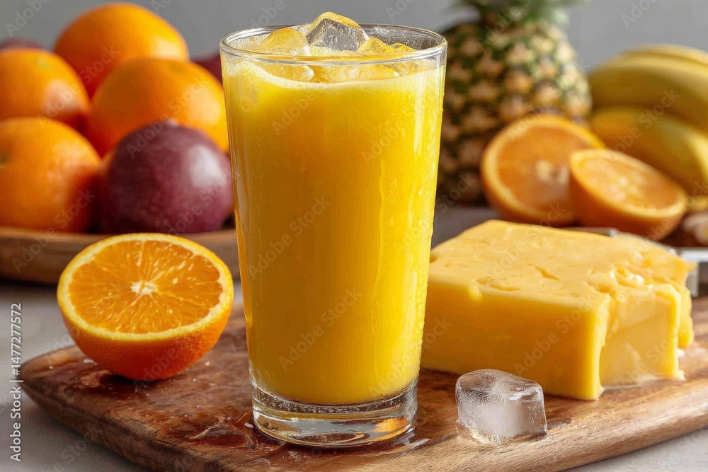 Aufkleber Refreshing citrus juice served in a tall glass with assorted fruits displayed in the background during midday