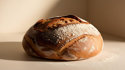 Close-up of artisan bread Crusty sourdough loaf with visible air pockets and a dusting of flour.