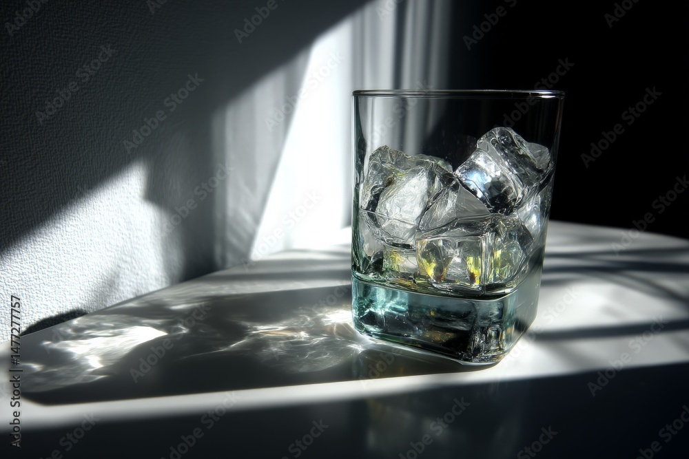 Poster glass filled with ice cubes casting shadows on a surface in bright light