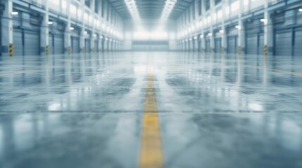 Modern Empty Warehouse Interior with Reflective Concrete Floor