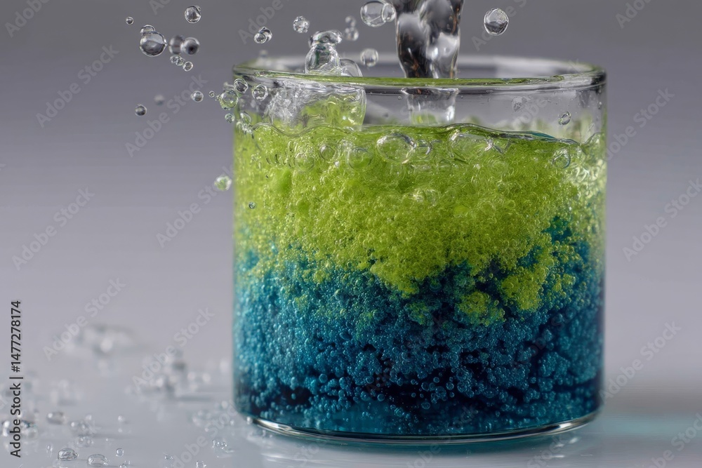 Poster Colorful liquid layers form unique patterns in glass as water is poured into the container creating bubbles and movement