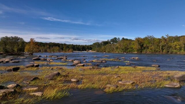 James River, VA in later afternoon sunshine on flowing water around stones and grass near public park used by Richmond, VA citizens to relax in nature