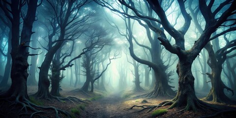 Dark forest with twisted trees and eerie fog, forest, trees, forest, trees, gloom, foliage, twilight, undergrowth, overgrown
