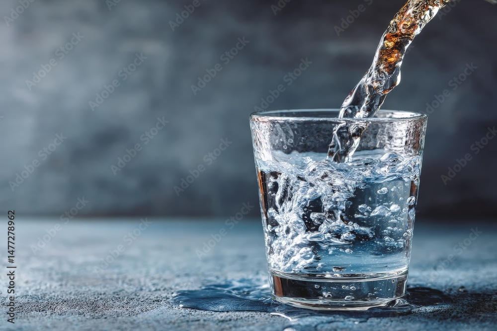 Aufkleber water is poured into a clear glass with bubbles forming on a textured surface in a contemporary sett