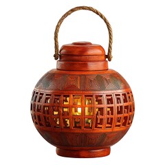 Intricate Wooden Lantern with Rope Handle, Illuminated from Within.