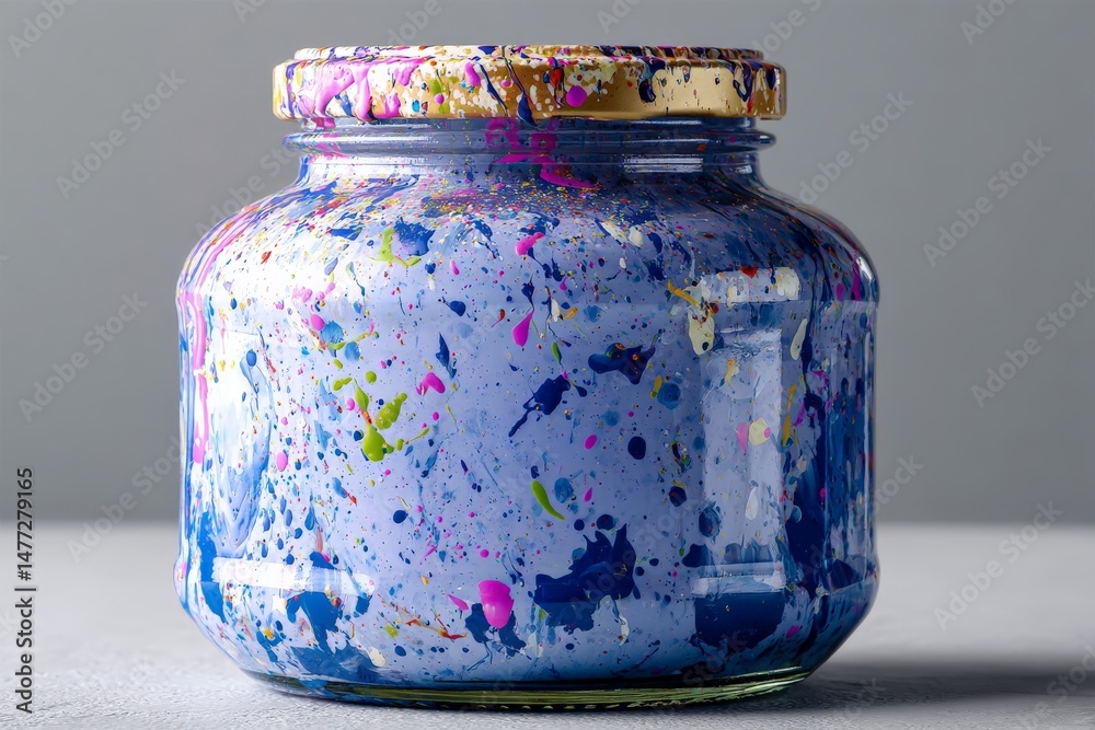 Poster colorful paint jar with splatters for art projects in a well-lit studio setting during daylight hour