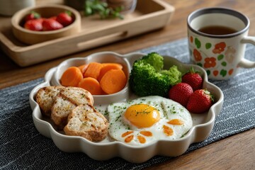 Delightful Flower-Shaped Plate: Sunny-Side-Up Egg,  Carrots, and Broccoli Breakfast