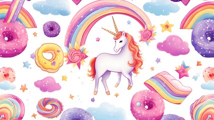 Obraz premium Colorful unicorn rainbow stars magic seamless pattern for textiles and wallpapers