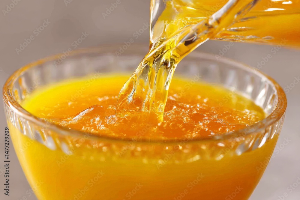 Poster refreshing orange juice is being poured into a glass with a vibrant color in a bright kitchen settin