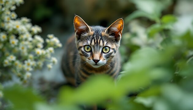 Close Up Mottled Brown Cat with Green Eyes Adorned with White Dots Surrounded by Lush Green Foliage and Delicate White Flowers