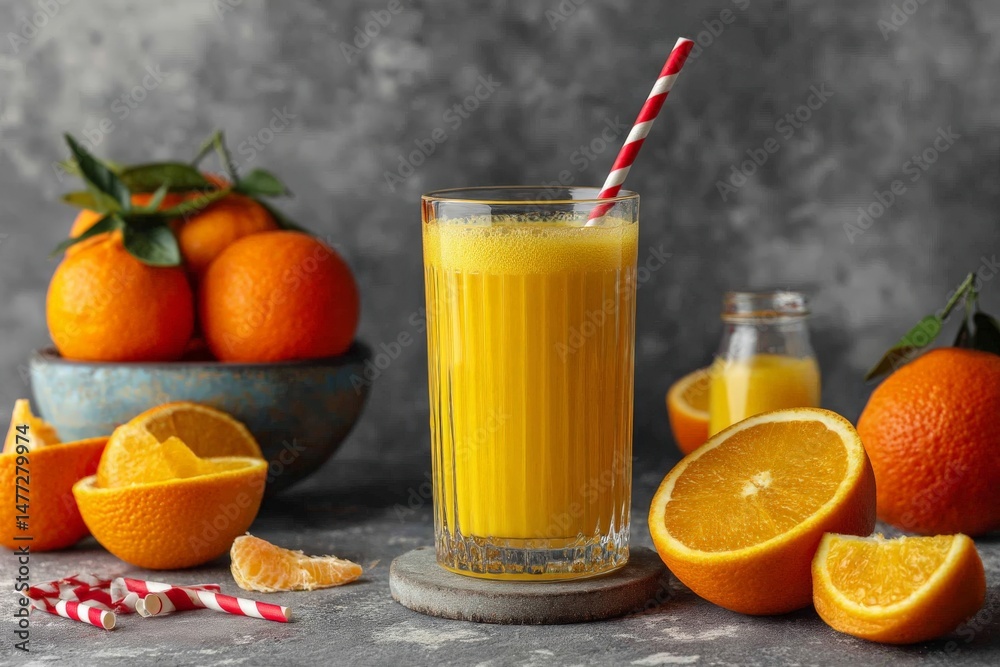 Poster freshly squeezed orange juice served with vibrant oranges on a rustic countertop