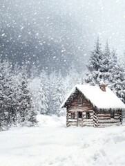 Cozy log cabin nestled in a snowy forest landscape during a winter blizzard; eye-level view of a rustic home