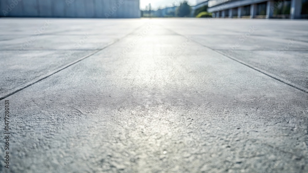 Poster a sunlit expanse of textured pavement, subtly reflecting light, with a blurred backdrop of modern ar