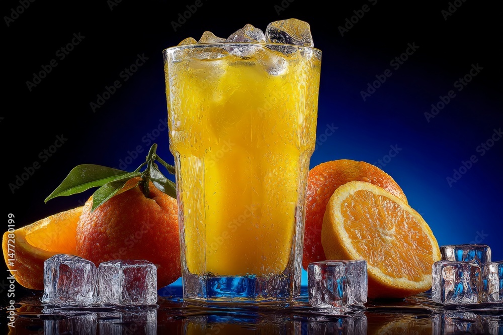 Poster refreshing orange juice served with ice and fresh oranges on a dark background