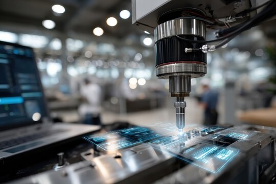 A close-up view of a high-tech robotic milling machine at work, showcasing precision in manufacturing integrated with digital interface elements for enhanced productivity.