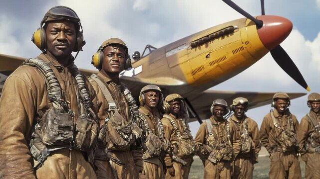 Historical military group standing proudly by a vintage aircraft.