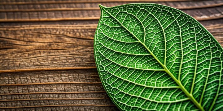 Delicate green leaf with intricate veins and texture on a wooden background , botanical, closeup