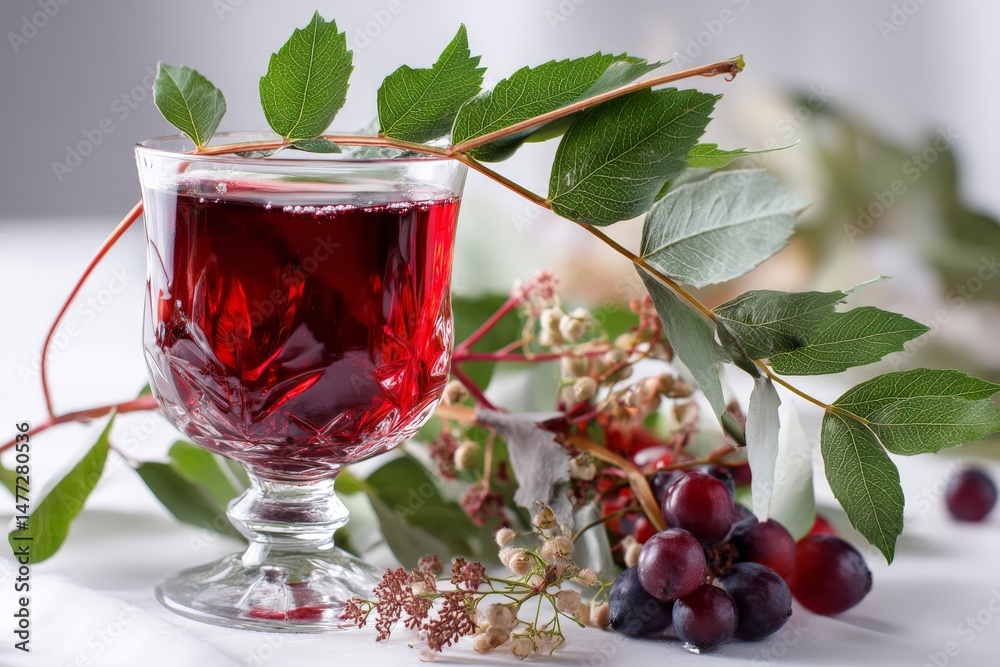 Poster refreshing red drink served in a crystal glass with vibrant foliage and fresh fruits on a table sett