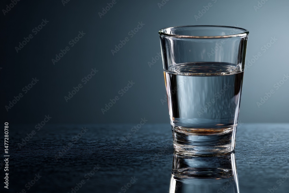 Poster clear glass of water on a reflective surface against a dark background highlighting simplicity and p