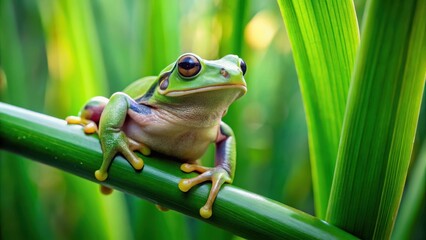 A large tree frog perched on a thick papyrus stem with lush green foliage in the background , amphibian, green environment