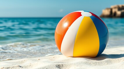 Obraz premium A colorful beach ball rests on the white sand near a sparkling blue ocean on a sunny summer day.