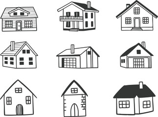 Collection of home icons. House icons set. Hand drawn House collection. Set of houses icons