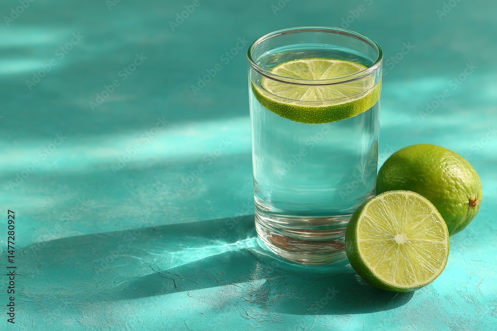 Poster Refreshing drink with lime slices on a blue surface showcasing summertime vibes and natural colors