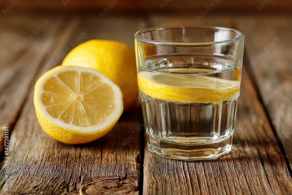 Poster refreshing glass of water with lemon slices on rustic wooden table