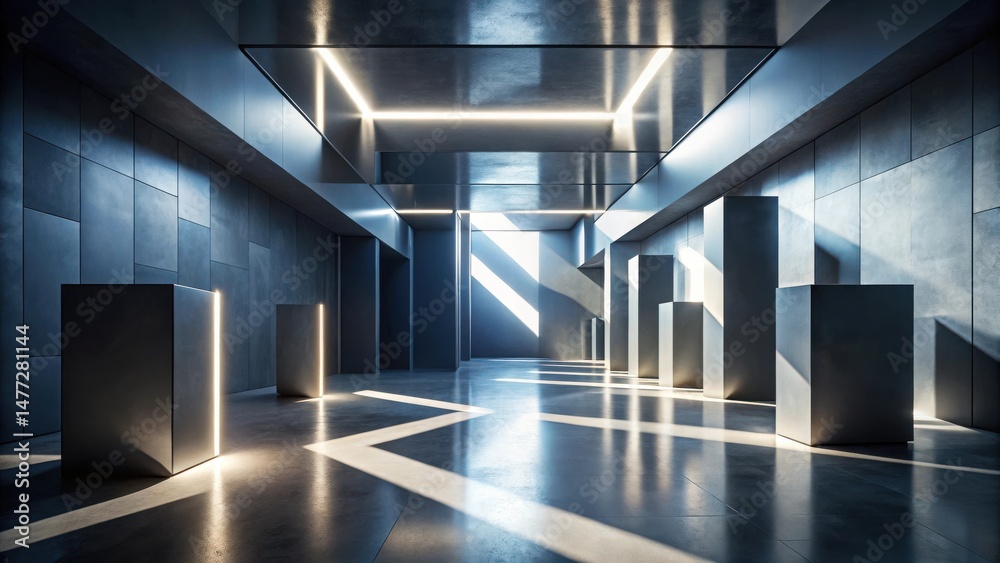 Poster modern minimalist hallway interior design with gray cubic display stands and illuminated ceiling pan