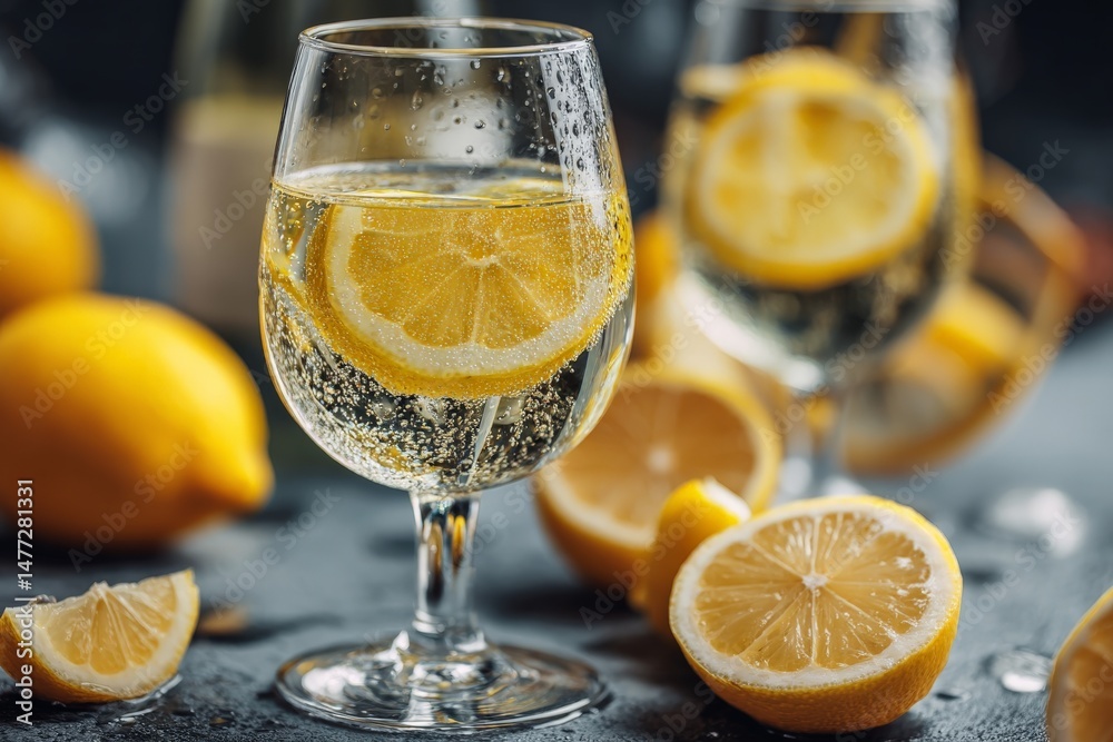 Poster Refreshing lemon beverage served in clear glass with slices of lemon on a dark textured background during summer
