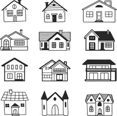Collection of home icons. House icons set. Hand drawn House collection. Set of houses icons